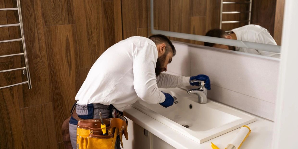 Plumber fixing bathroom sink faucet